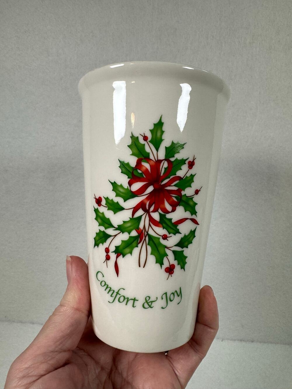 Lenox Holiday Comfort & Joy Thermal Travel Mug Christmas Porcelain White 12oz